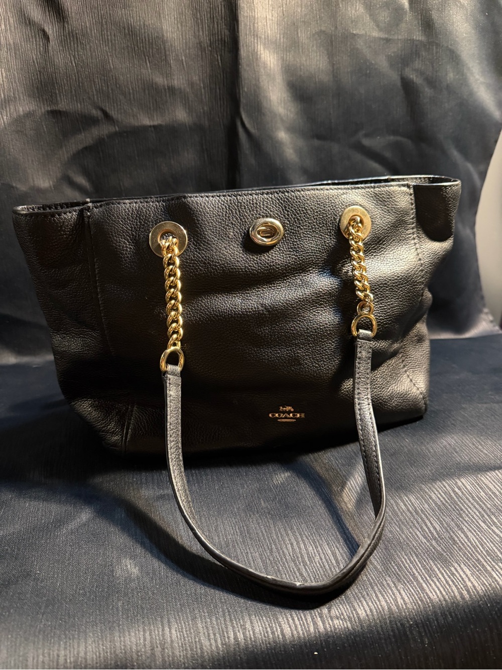 COACH Black Leather Tote with Gold Chain Handles
